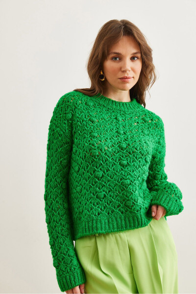 Women's Green Openwork Bobble Textured Soft Knit Sweater KZK-19000935 - OLALOOK (1)
