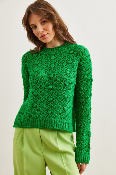 Women's Green Openwork Bobble Textured Soft Knit Sweater KZK-19000935 - 3