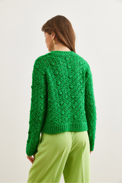 Women's Green Openwork Bobble Textured Soft Knit Sweater KZK-19000935 - 5