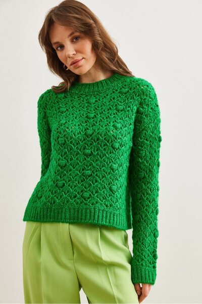 Women's Green Openwork Bobble Textured Soft Knit Sweater KZK-19000935 - 9
