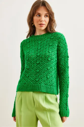 Women's Green Openwork Bobble Textured Soft Knit Sweater KZK-19000935 - 4