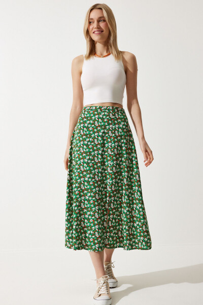 Women's Green Orange Floral Print Summer Viscose Skirt with Slit MX00165 - 1