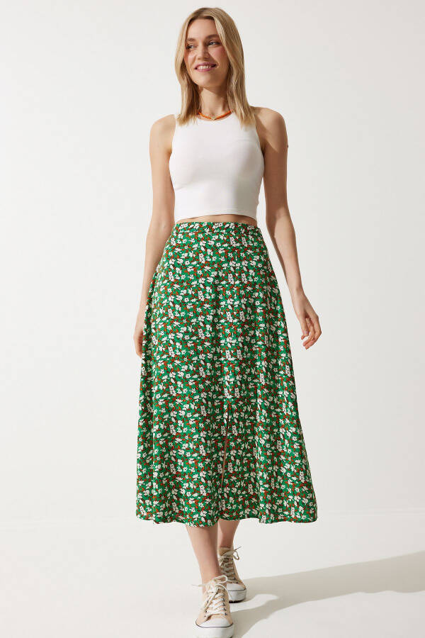 Women's Green Orange Floral Print Summer Viscose Skirt with Slit MX00165 - 1