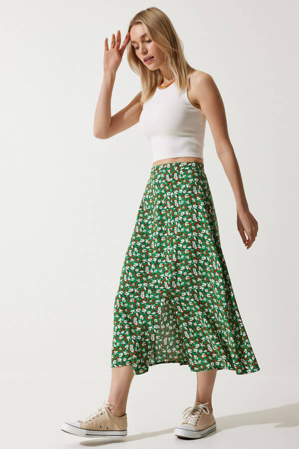 Women's Green Orange Floral Print Summer Viscose Skirt with Slit MX00165 - 2