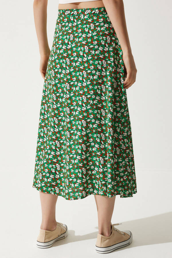 Women's Green Orange Floral Print Summer Viscose Skirt with Slit MX00165 - 5