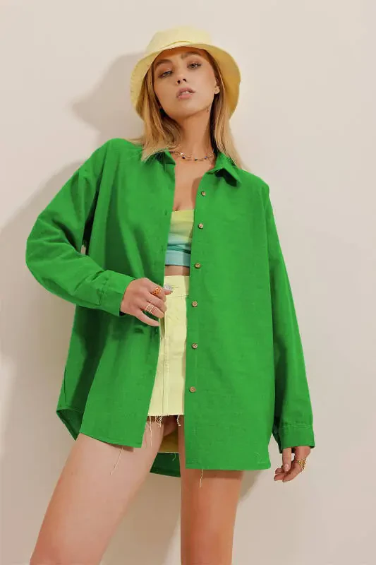 Women's Green Oversize Linen Shirt ALC-X10343 - 3