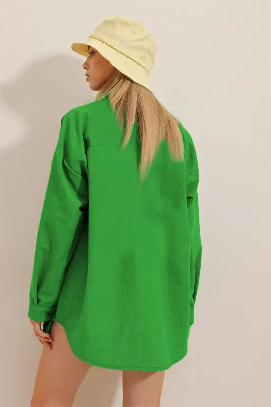 Women's Green Oversize Linen Shirt ALC-X10343 - 4