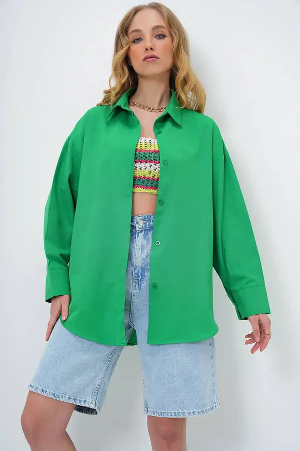 Women's Green Oversize Long Woven Shirt ALC-X6828 - 1