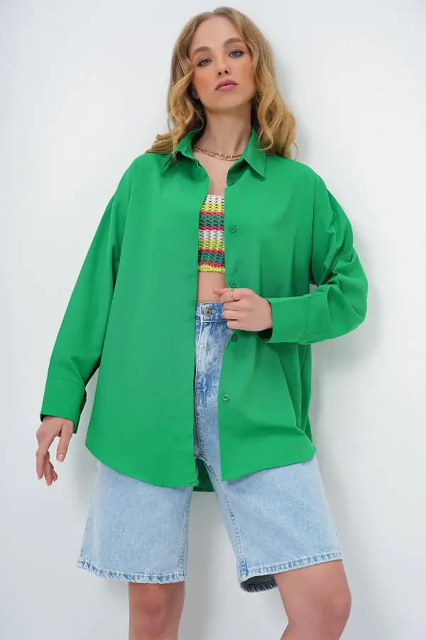 Women's Green Oversize Long Woven Shirt ALC-X6828 - 3