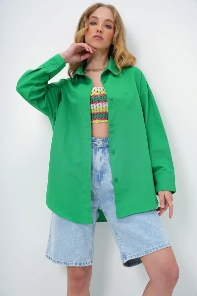 Women's Green Oversize Long Woven Shirt ALC-X6828 - 4