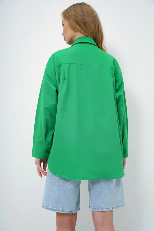Women's Green Oversize Long Woven Shirt ALC-X6828 - TREND ALAÇATI STILI