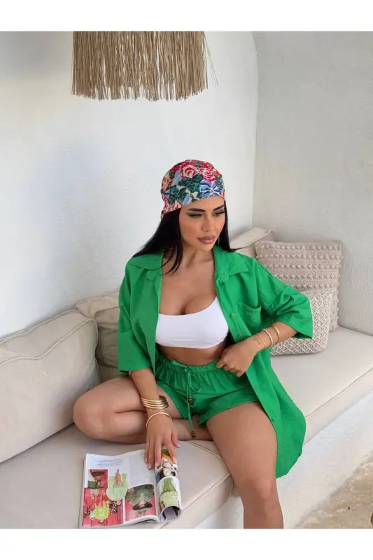 Women's Green Oversize Shirt Shorts Set-DARK GREEN - 1