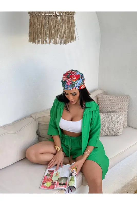 Women's Green Oversize Shirt Shorts Set-DARK GREEN - 3