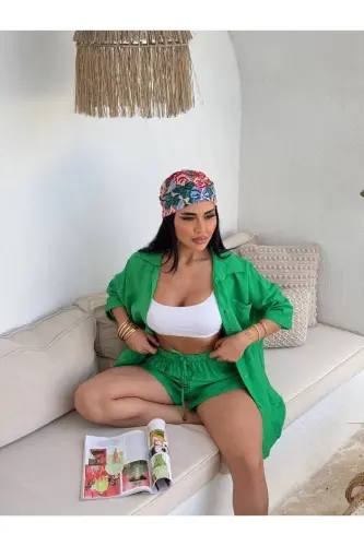 Women's Green Oversize Shirt Shorts Set-DARK GREEN - 4