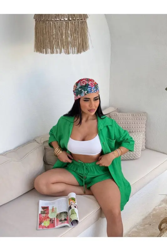 Women's Green Oversize Shirt Shorts Set-DARK GREEN - 4