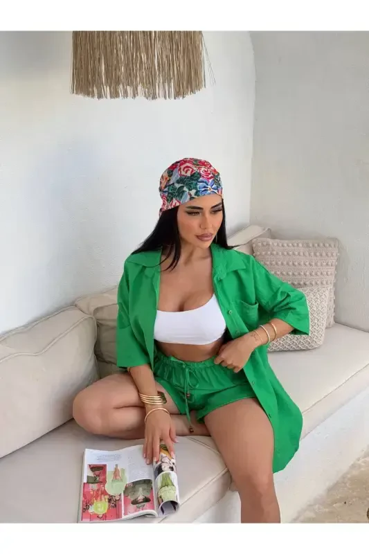 Women's Green Oversize Shirt Shorts Set-DARK GREEN - 1