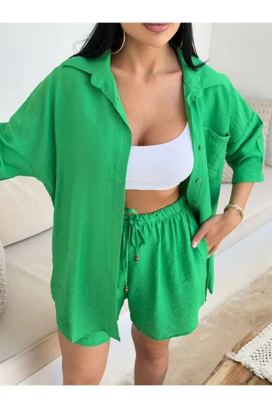 Women's Green Oversize Shirt Shorts Set-DARK GREEN - 2