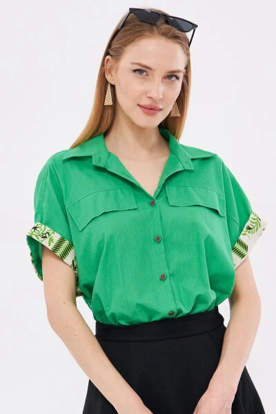 Women's Green Oversized Double Sleeve Detail Blouse ARM- - ARMONIKA
