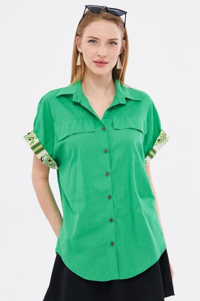 Women's Green Oversized Double Sleeve Detail Blouse ARM- - ARMONIKA (1)