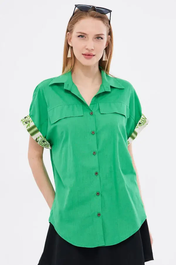 Women's Green Oversized Double Sleeve Detail Blouse ARM- - 2