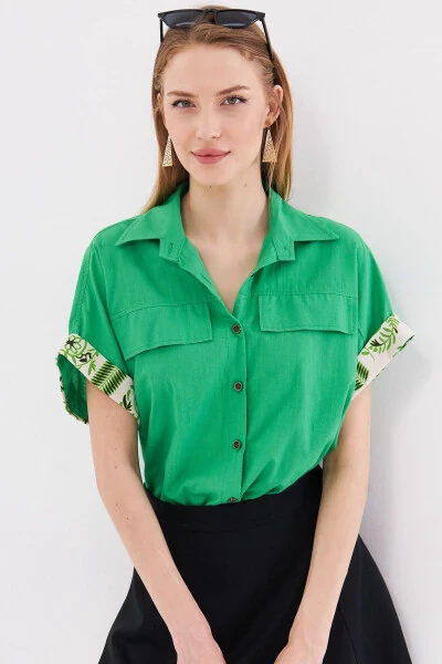 Women's Green Oversized Double Sleeve Detail Blouse ARM- - 4