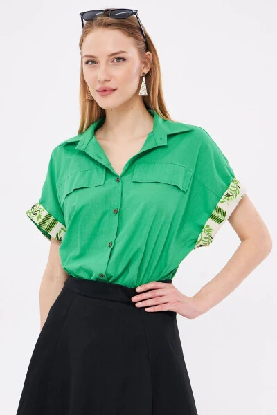 Women's Green Oversized Double Sleeve Detail Blouse ARM- - 5