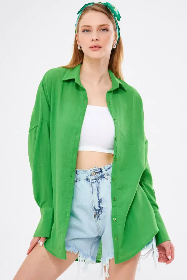 Women's Green Oversized Textured Linen Look Wide Sleeve Shirt Arm-24k001001 - 1