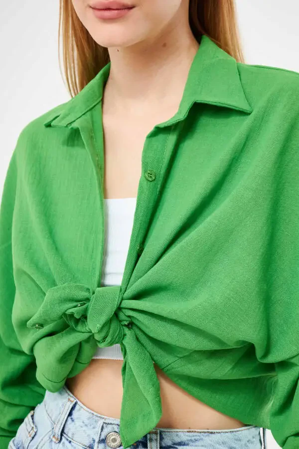 Women's Green Oversized Textured Linen Look Wide Sleeve Shirt Arm-24k001001 - 2