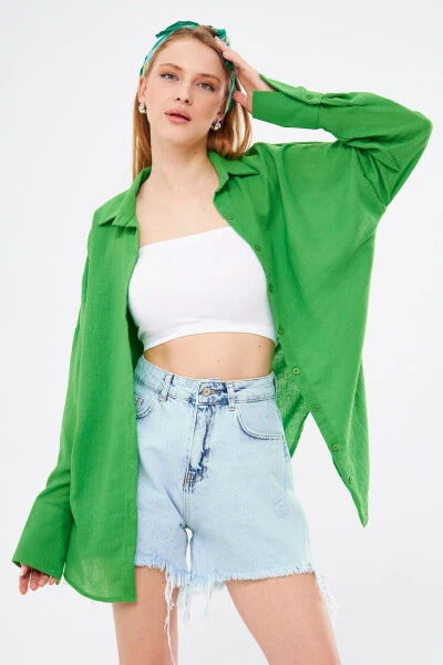 Women's Green Oversized Textured Linen Look Wide Sleeve Shirt Arm-24k001001 - 3