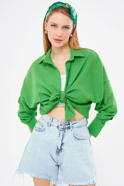 Women's Green Oversized Textured Linen Look Wide Sleeve Shirt Arm-24k001001 - 4
