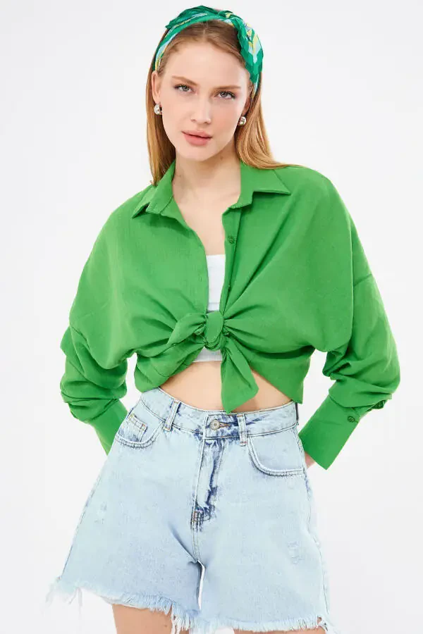 Women's Green Oversized Textured Linen Look Wide Sleeve Shirt Arm-24k001001 - 4