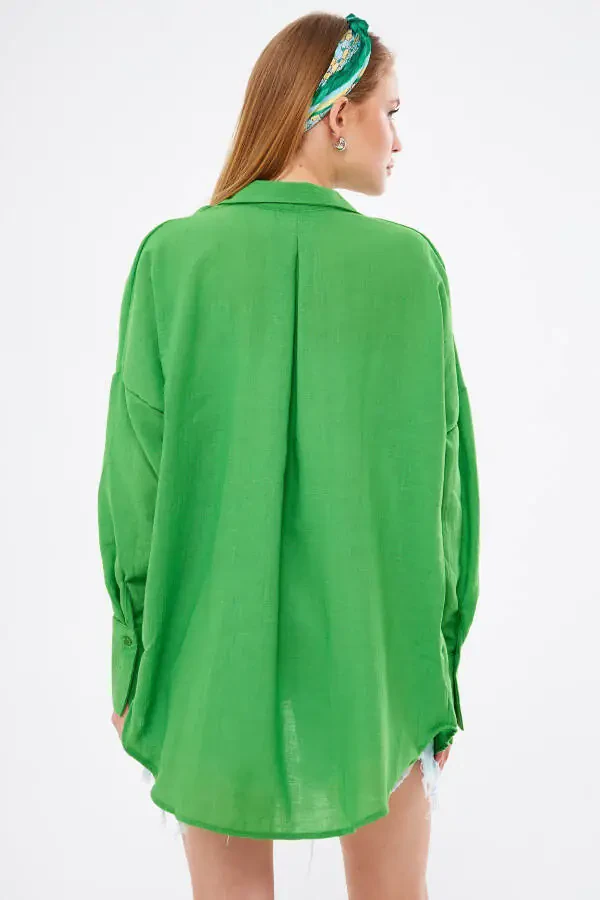 Women's Green Oversized Textured Linen Look Wide Sleeve Shirt Arm-24k001001 - 5