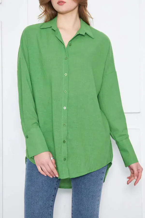 Women's Green Oversized Textured Linen Look Wide Sleeve Shirt Arm-24k001001 - 6
