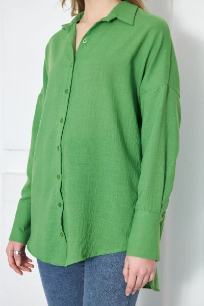Women's Green Oversized Textured Linen Look Wide Sleeve Shirt Arm-24k001001 - 7