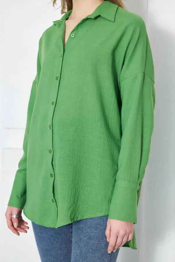Women's Green Oversized Textured Linen Look Wide Sleeve Shirt Arm-24k001001 - 7