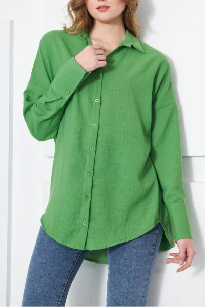 Women's Green Oversized Textured Linen Look Wide Sleeve Shirt Arm-24k001001 - 8