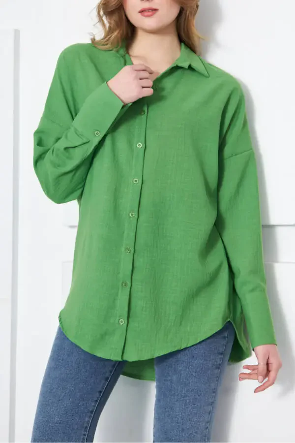 Women's Green Oversized Textured Linen Look Wide Sleeve Shirt Arm-24k001001 - 8