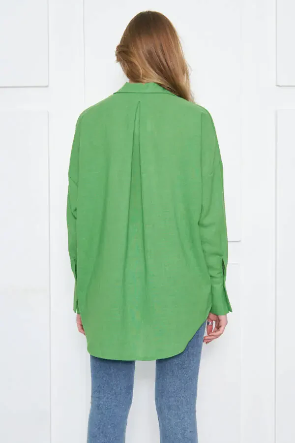 Women's Green Oversized Textured Linen Look Wide Sleeve Shirt Arm-24k001001 - 9