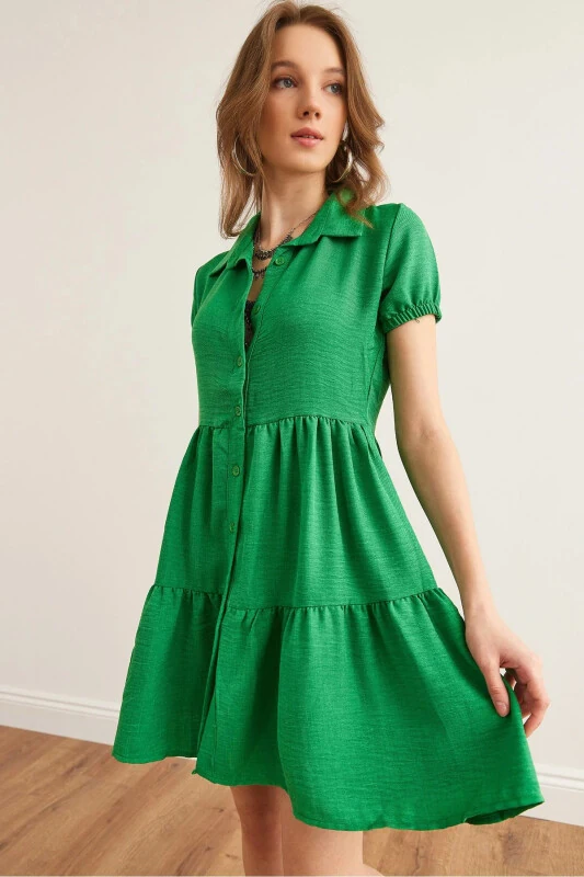 Women's Green Patchwork Shirt Dress DRS-19002358-Grn - OLALOOK