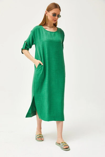 Women's Green Pocket Loose Linen Dress with Slit ELB-19002074 - OLALOOK