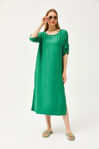 Women's Green Pocket Loose Linen Dress with Slit ELB-19002074 - OLALOOK (1)