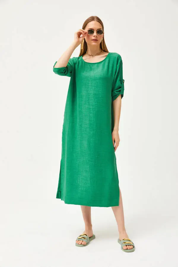 Women's Green Pocket Loose Linen Dress with Slit ELB-19002074 - 2