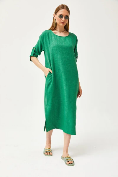 Women's Green Pocket Loose Linen Dress with Slit ELB-19002074 - 3