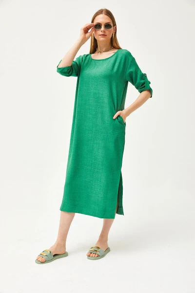 Women's Green Pocket Loose Linen Dress with Slit ELB-19002074 - 4