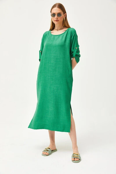 Women's Green Pocket Loose Linen Dress with Slit ELB-19002074 - 5