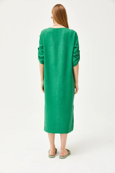 Women's Green Pocket Loose Linen Dress with Slit ELB-19002074 - 6