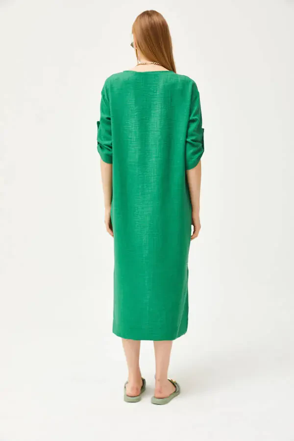 Women's Green Pocket Loose Linen Dress with Slit ELB-19002074 - 6