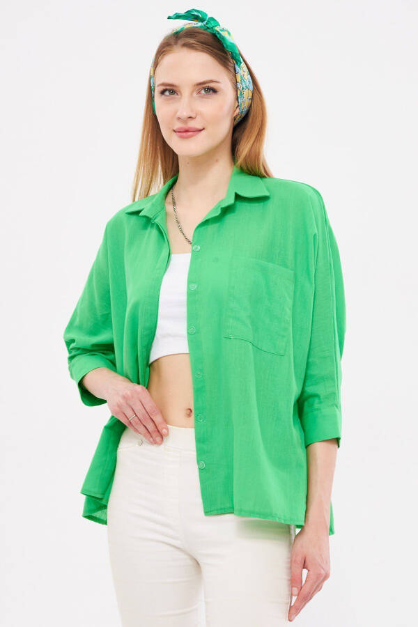 Women's Green Pocket Loose Linen Shirt ARM-21Y001035 - 1