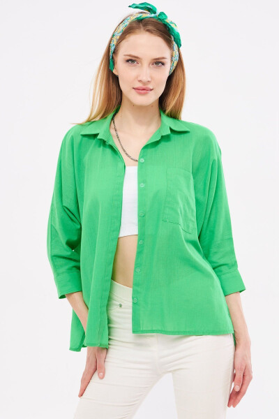 Women's Green Pocket Loose Linen Shirt ARM-21Y001035 - 3