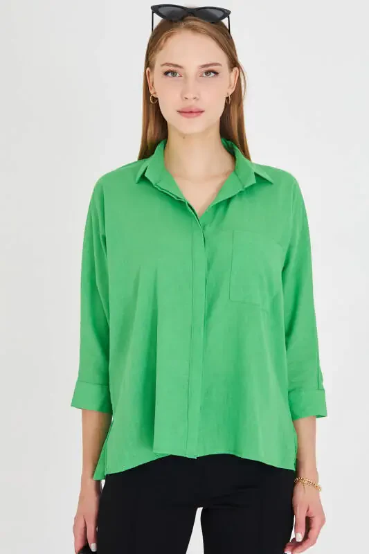Women's Green Pocket Loose Linen Shirt ARM-21Y001035 - 2